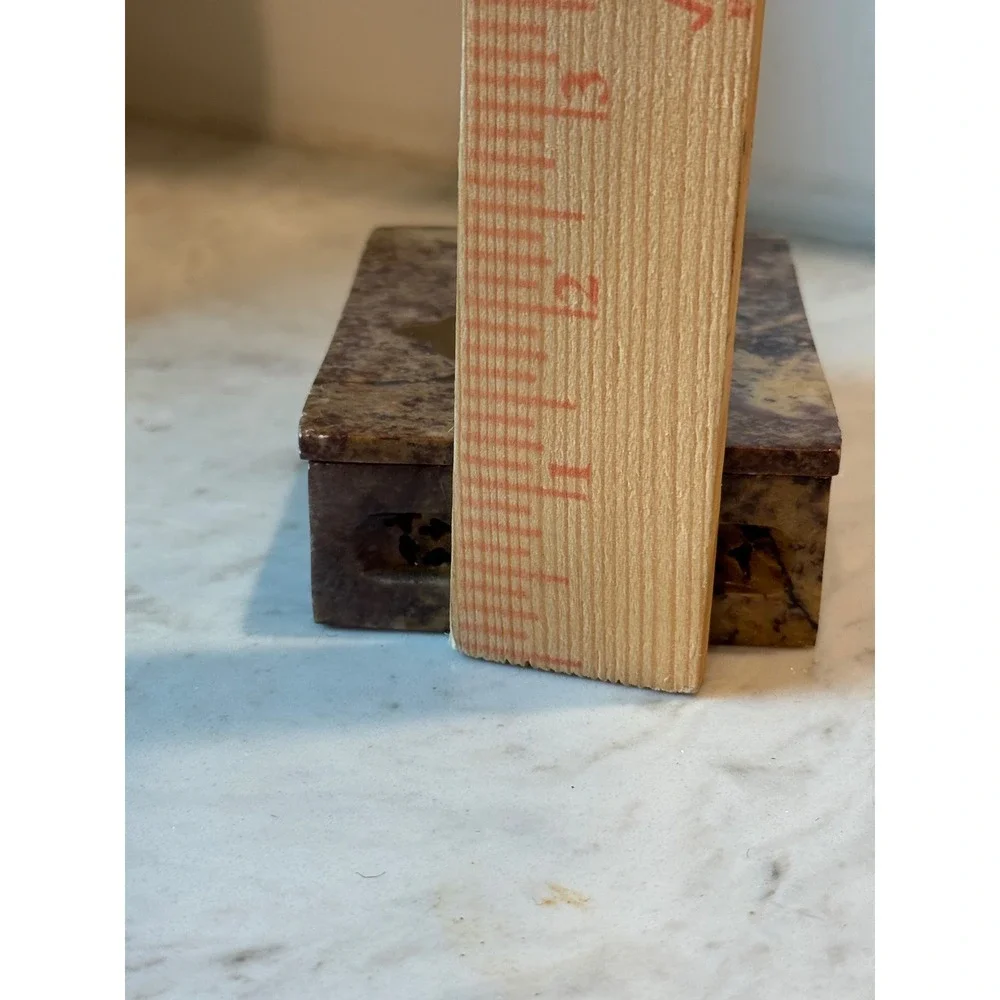 Vintage Soapstone Trinket Box Brown Brass Cross Inlay Carved India Handmade